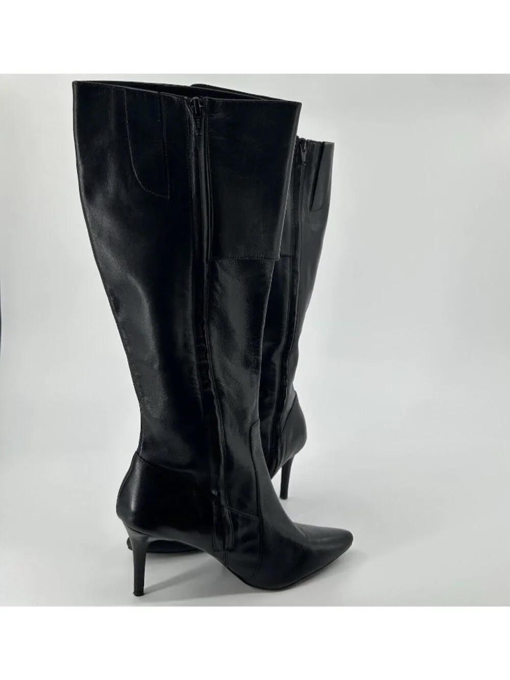 Ralph Lauren Jennison Boots 7.5B Leather Pointed Toe Stiletto Knee High Buckle